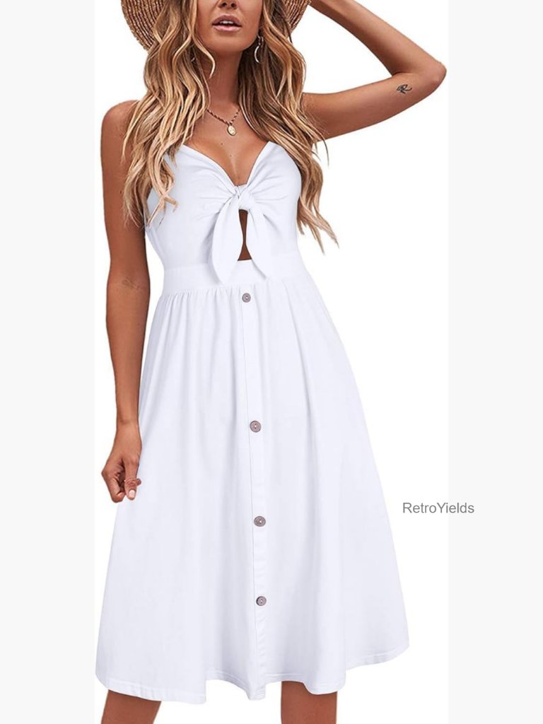 Tie Front V Neck Spaghetti Strap Summer Dress Sleeveless Shift Knee Length